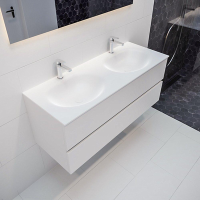 ENSEMBLE DE MEUBLE MONDIAZ VICA - 120cm - 2 tiroirs - lavabo Moon double - 2 trous de robinet - solid surface talc