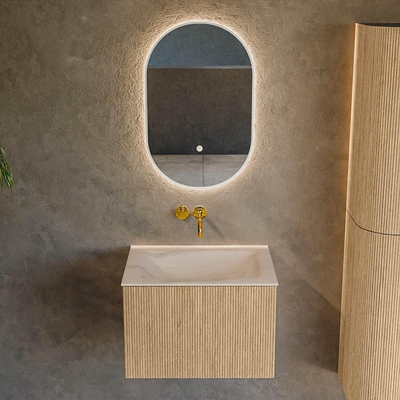 MONDIAZ KURVE-DLUX 60cm badmeubel kleur Oak met 1 lade en 0 deuren. Wastafel CLOUD Midden zonder kraangat Meli.