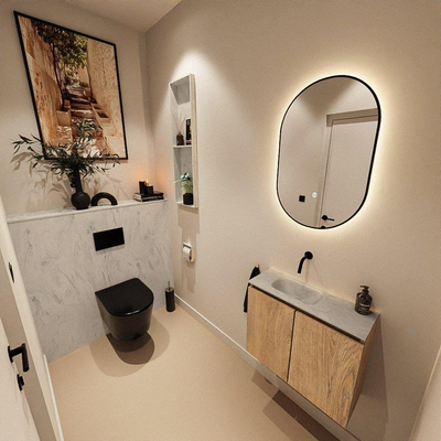 MONDIAZ TURE-DLUX Meuble toilette - 60cm - Washed Oak - EDEN - vasque Opalo - position gauche - sans trou de robinet
