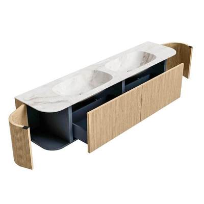 MONDIAZ KURVE-DLUX meuble de salle de bains 190cm avec module 25 Len R couleur Oak avec 2 tiroirs et 2 portes. Lavabo STOR SMALL double 2 trous de robinet couleur Frappe.