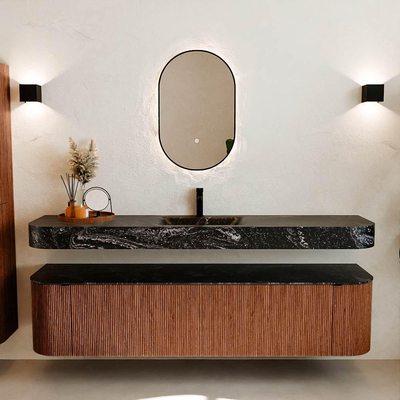 MONDIAZ THOR-DLUX 190cm meuble de salle de bains arrondi gauche + droite couleur Ruby avec 2 tiroirs et 2 portes. Vasque suspendue CLOUD Milieu 1 trou de robinet couleur Lava.