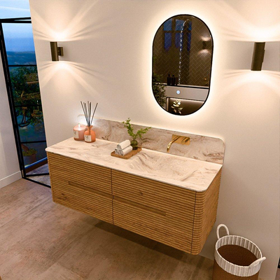 Mondiaz CIRO-DLUX Meuble de salle de bains - 140x45x50cm - Plan vasque solid surface Frappe - 1 vasque à droite - sans trous de robinetterie - 4 tiroirs - Chêne