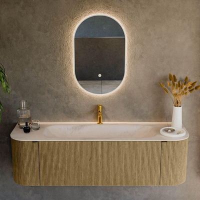 MONDIAZ KURVE-DLUX 150cm badmeubel ronding Links + Rechts kleur Dusk met 1 lade en 2 deuren. Wastafel BIG MEDIUM Midden 1 kraangat Meli.