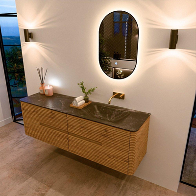 Mondiaz CIRO-DLUX Badkamermeubelset - 160x45x50cm - Solid surface wastafel Lava - 1 wasbak Rechts - zonder kraangaten - 4 lades - Oak
