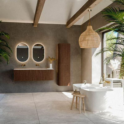 MONDIAZ KURVE 145cm Meuble salle de bain avec module 25 D - couleur Walnut - 1 tiroir - 1 porte - vasque CLOUD double / gauche - sans trous de robinet - Talc