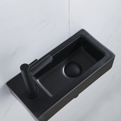 FugaFlow Efficiente Pietra Ensemble de fontaine - 37,5x18,5x9cm - céramique - trou de robinet à gauche - robinet de fontaine noir mat - bouchon de vidange - siphon abaissé - Noir Mat