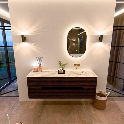 Mondiaz CIRO-DLUX Badkamermeubelset - 150x45x50cm - Solid surface wastafel Glace - 1 wasbak Rechts - zonder kraangaten - 4 lades - Walnut