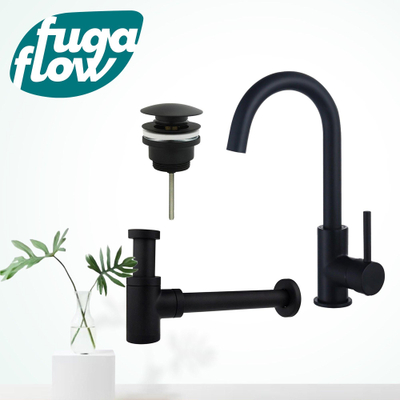 FugaFlow Eccelente Sobrado Badkamer Wastafelkraanset - hoge wastafelkraan - draaibare uitloop - klikwaste plug - verlaagde design sifon - Mat zwart