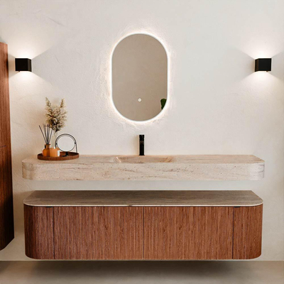 MONDIAZ THOR-DLUX 180cm meuble de salle de bains arrondi gauche + droite couleur Ruby avec 2 tiroirs et 2 portes. Vasque suspendue CLOUD Milieu 1 trou de robinet couleur Saba.