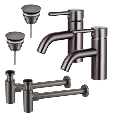 FugaFlow Eccelente Sobrado Badkamer Wastafelkraanset - voor dubbele wastafel - lage wastafelkraan - always open plug - design sifon - PVD Gepolijst Gunmetal