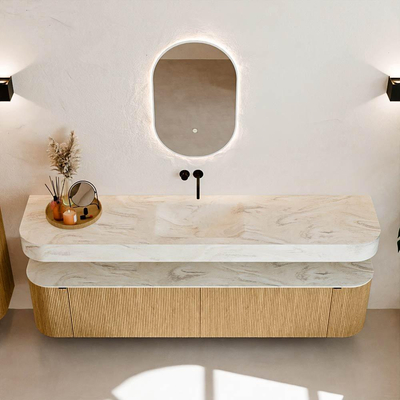 MONDIAZ THOR-DLUX 200cm meuble de salle de bains arrondi gauche + droite couleur Oak avec 2 tiroirs et 2 portes. Vasque suspendue CLOUD Milieu sans trou de robinet couleur Ostra.