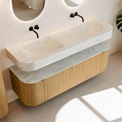 MONDIAZ THOR-DLUX 150cm meuble de salle de bains arrondi gauche + droite couleur Oak avec 1 tiroir et 2 portes. Vasque suspendue CLOUD Double sans trou de robinet couleur Opalo.