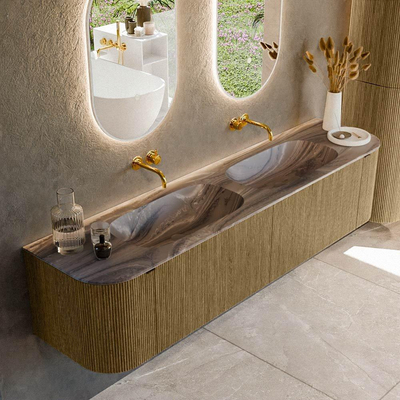 MONDIAZ KURVE-DLUX 190cm meuble de salle de bains arrondi Gauche + Droite couleur Dusk avec 2 tiroirs et 2 portes. Plan-vasque STOR SMALL Double sans trou de robinet Sombra.