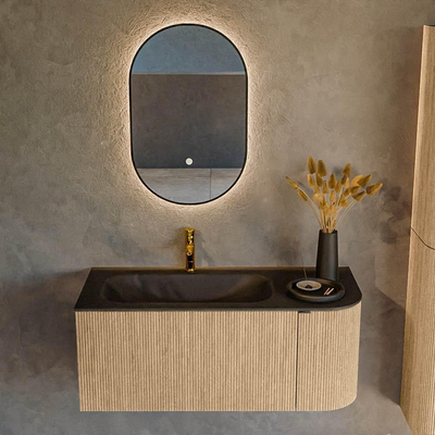 MONDIAZ KURVE Meuble de salle de bains 105 cm avec module 25 R couleur Chêne avec 1 tiroir et 1 porte. Lavabo BIG SMALL gauche 1 trou de robinet Urban.