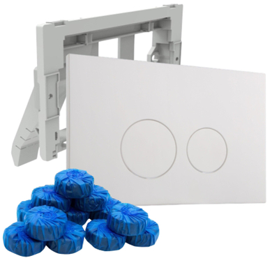 FugaFlow Eccelente Plaque de commande Press avec porte-blocs WC - pour réservoir encastré Geberit UP320 - double chasse - boutons ronds - plastique - incluant 12 blocs WC - blanc mat