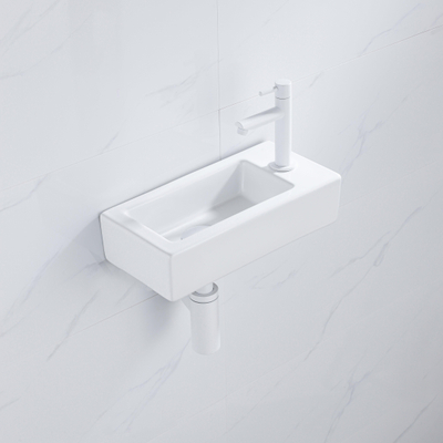 QeramiQ Fuente pack lave-mains – 37,5 x 18,5 x 9 cm – céramique blanc brillant – perçage à droite – robinet blanc mat