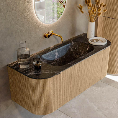 MONDIAZ KURVE-DLUX 120cm badmeubel met module 25 Len R kleur Oak met 1 lade en 2 deuren. Wastafel BIG SMALL midden zonder kraangat kleur Lava.
