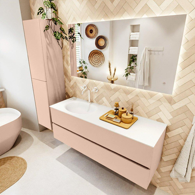 MONDIAZ VICA Ensemble meuble de salle de bains - 140cm - meuble bas rosee - 2 tiroirs - lavabo moon gauche - 1 trou de robinet - version haute 60cm - talc