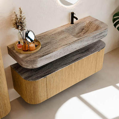 MONDIAZ THOR-DLUX 140cm badmeubel ronding links + rechts kleur Oak met 1 lade en 2 deuren. Vrijhangende wastafel CLOUD Rechts 1 kraangat kleur Oza.