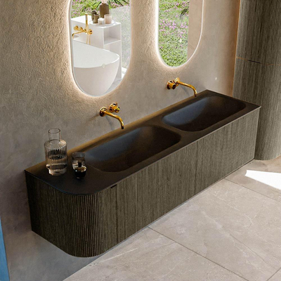 Mondiaz KURVE Ensemble de meuble de salle de bains - 165x46x40cm - 2 tiroirs - 1 porte - vasque solid surface - double / droite - sans trou de robinet - Shadow