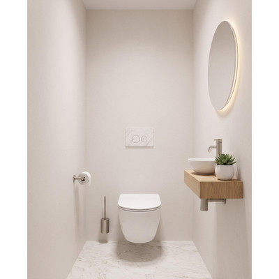 Pack WC QeramiQ Dely Swirl Compact - réservoir encastrable Geberit UP320 - avec bâti-support Burda - abattant slim - plaque de commande en pierre naturelle marbre blanc - boutons ronds - blanc brillant