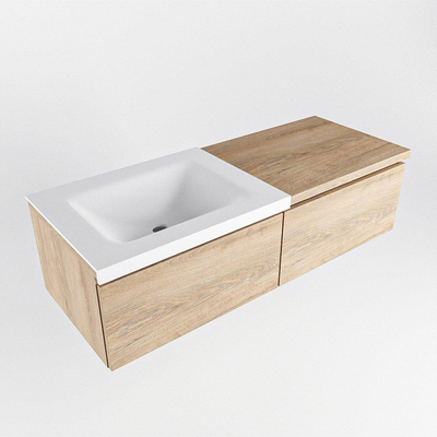 MONDIAZ BUKLA meuble de salle de bains 120 cm avec module 60 couleur Chêne lavé avec 2 tiroirs. Lavabo CLOUD gauche 1 trou de robinet couleur Talc.