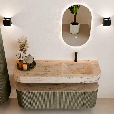 MONDIAZ THOR-DLUX 140cm meuble de salle de bains arrondi gauche + droite couleur Shadow avec 1 tiroir et 2 portes. Vasque suspendue CLOUD Droite 1 trou de robinet couleur Arena.