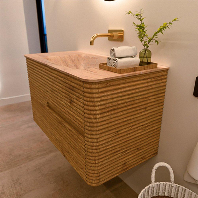 Mondiaz CIRO-DLUX Ensemble de meubles de salle de bains - 90x45x50cm - vasque en solid surface Saba - 1 lavabo au milieu - sans trous de robinet - 2 tiroirs - Chêne