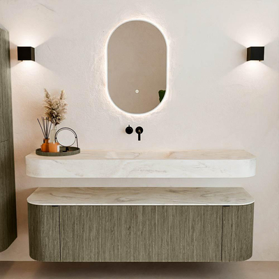 MONDIAZ THOR-DLUX 160cm meuble de salle de bains arrondi gauche + droite couleur Shadow avec 1 tiroir et 2 portes. Vasque suspendue CLOUD Milieu sans trou de robinet couleur Ostra.