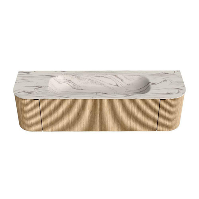 MONDIAZ KURVE-DLUX Meuble de salle de bains 160cm arrondi gauche + droite couleur chêne avec 1 tiroir et 2 portes. Plan-vasque BIG MEDIUM central sans trou de robinet Nata.