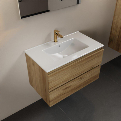 Mondiaz AIVY Ensemble de meuble - 80x45x50cm - 1 trou de robinet - 1 vasque Talc céramique - Centre - 2 tiroirs - avec miroir - Melamine Chai