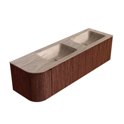 MONDIAZ KURVE-DLUX Meuble de salle de bains 155cm arrondi à gauche couleur Ruby avec 2 tiroirs et 1 porte. Lavabo LEAF Double / À droite 2 trous de robinet Saba.