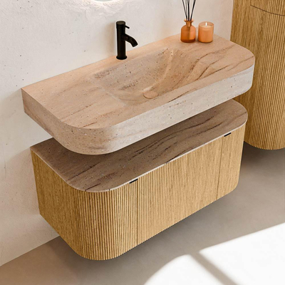 MONDIAZ THOR-DLUX 100cm badmeubel ronding links + rechts kleur Oak met 1 lade en 2 deuren. Vrijhangende wastafel CLOUD Midden 1 kraangat kleur Saba.