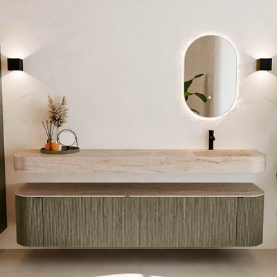 MONDIAZ THOR-DLUX 200cm meuble de salle de bains arrondi gauche + droite couleur Shadow avec 2 tiroirs et 2 portes. Vasque suspendue CLOUD Droite 1 trou de robinet couleur Saba.