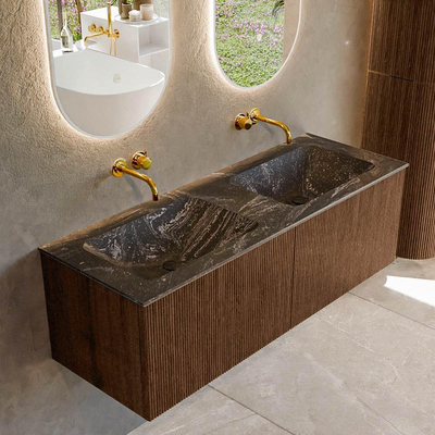 MONDIAZ KURVE-DLUX 130cm badmeubel kleur Walnut met 2 lades. Wastafel LEAF dubbel zonder kraangat kleur Lava.
