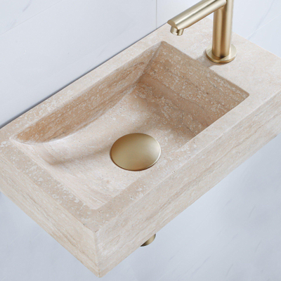 FugaFlow Efficiente Pietra Fonteinset - 40x22x10cm - kraangat rechts - fonteinkraan geborsteld messing PVD - afvoerplug - verlaagd sifon - gemeleerd natuursteen