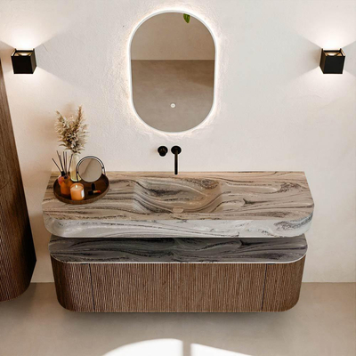 MONDIAZ THOR-DLUX 150cm badmeubel ronding links + rechts kleur Walnut met 1 lade en 2 deuren. Vrijhangende wastafel CLOUD Midden zonder kraangat kleur Sombra.