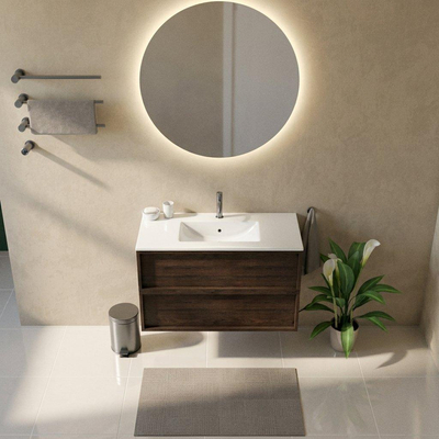 Saniclass Holz Frame Ensemble de meubles de salle de bains - 100x45x62cm - lavabo Vygo en céramique blanc - 1 vasque - 1 trou de robinet - 2 tiroirs - chêne charcoal mat (bois)