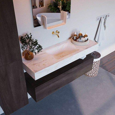 Mondiaz ALAN - DLUX ensemble de meuble de salle de bain - 130cm - meuble sous-vasque - Marron Foncé - 1 tiroir - lavabo suspendu - évier au centre - 0 trous de robinet - Ostra