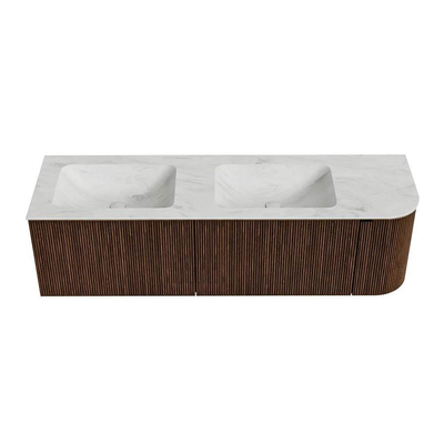 MONDIAZ KURVE-DLUX meuble de salle de bains 155 cm avec module 25 R couleur Walnut avec 2 tiroirs et 1 porte. Lavabo LEAF double / gauche 2 trous de robinet couleur Opalo.
