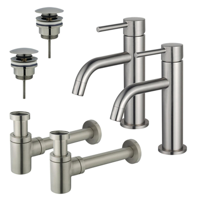 FugaFlow Eccelente Sobrado Slim Kit robinet lavabo - pour double vasque - robinet bas - bonde clic clac - siphon design bas - Inox brossé PVD