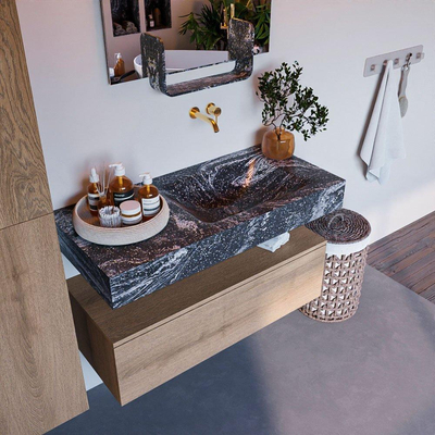 Mondiaz ALAN-DLUX Ensemble de meuble - 100cm - meuble Washed Oak mat - 1 tiroir - Lavabo Cloud Lava suspendu - vasque Droite - 0 trous de robinet