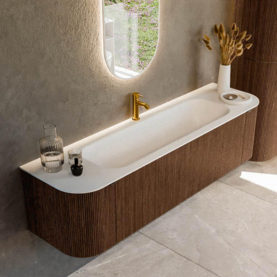 MONDIAZ KURVE 170cm badmeubel met module 25 Len R kleur Walnut met 1 lade en 2 deuren. Wastafel BIG LARGE midden 1 kraangat Talc.