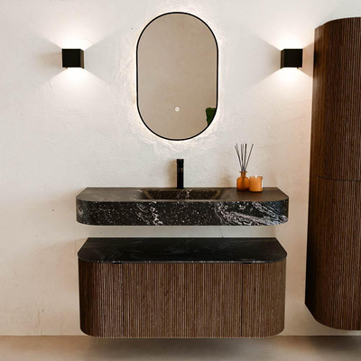 MONDIAZ THOR-DLUX 110cm badmeubel ronding links + rechts kleur Walnut met 1 lade en 2 deuren. Vrijhangende wastafel CLOUD Midden 1 kraangat kleur Lava.