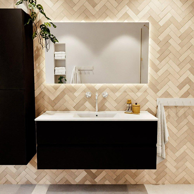 MONDIAZ VICA meuble sous lavabo 120cm Urban 2 tiroirs. Lavabo DENIA centre 1 trou de robinet, couleur Blanc Brillant.