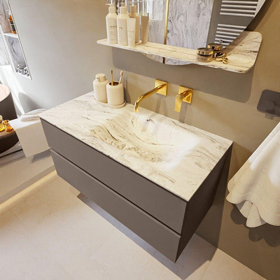 Mondiaz VICA-DLUX ensemble de meuble de salle de bain - 100cm - meuble sous-vasque fumée - 2 tiroirs - lavabo encastré nuage droite - sans trous de robinet - version haute 60cm - glace