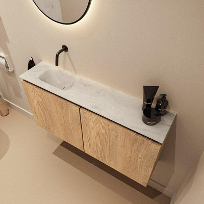 MONDIAZ TURE-DLUX Meuble WC 100 cm Washed Oak. EDEN vasque Opalo position gauche. Sans trou de robinetterie.
