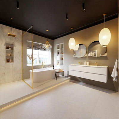 MONDIAZ VICA-DLUX Ensemble meuble de salle de bains - 150cm - sous-meuble Talc - 4 tiroirs - lavabo encastré Cloud double - 2 trous de robinet - version haute 60cm - Opalo