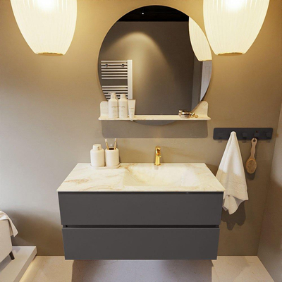 Mondiaz VICA-DLUX Ensemble de meuble de salle de bain - 100cm - meuble sous-vasque gris foncé - 2 tiroirs - lavabo encastré cloud droite - 1 trou de robinet - version haute de 60cm - frape