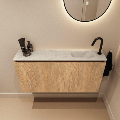 MONDIAZ TURE-DLUX Meuble de toilettes 100cm Washed Oak. EDEN lavabo Opalo position droite. Avec 1 trou de robinet.